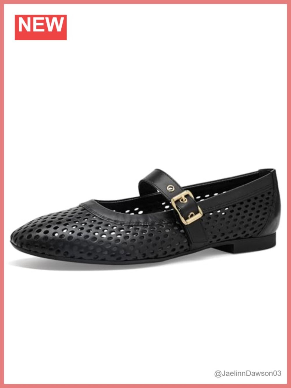Perforated Leather Ballerina Flats with Buckle Strap - Almond Toe Slip-On
